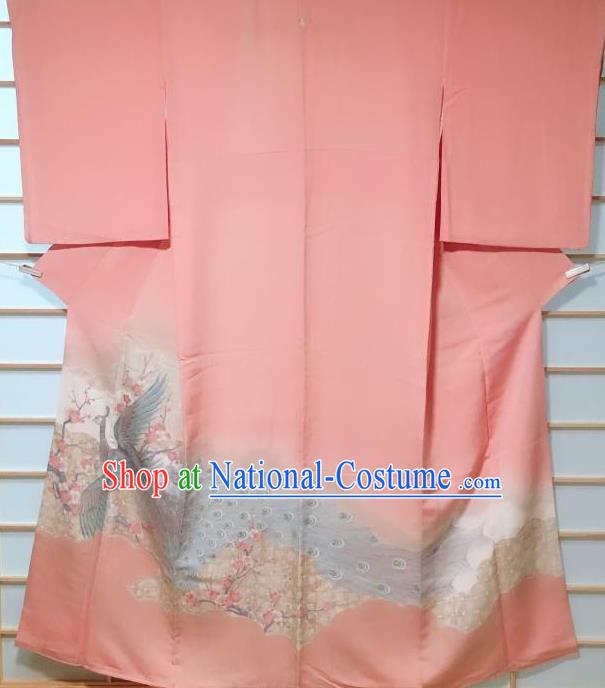 Traditional Japanese Pink Uchikake Kimono Japan Classical Peacock Plum Pattern Yukata Dress Costume for Women