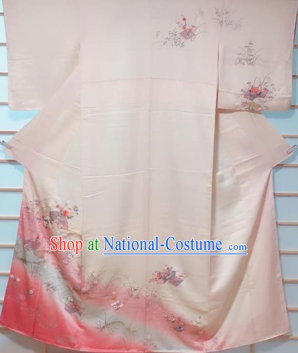 Traditional Japanese Light Pink Tsukesage Kimono Japan Classical Flowers Pattern Yukata Dress Costume for Women