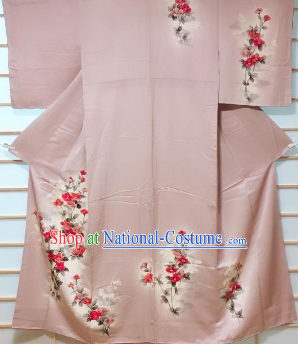 Traditional Japanese Lilac Tsukesage Kimono Japan Classical Camellia Pattern Yukata Dress Costume for Women