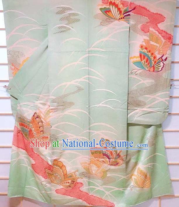 Traditional Japanese Light Green Furisode Kimono Japan Classical Butterfly Pattern Yukata Dress Costume for Women