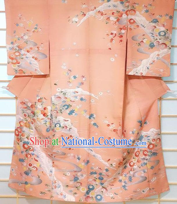 Traditional Japanese Orange Tsukesage Kimono Japan Classical Chrysanthemum Pattern Yukata Dress Costume for Women