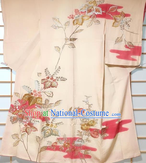 Traditional Japanese Embroidered Beige Tsukesage Kimono Japan Classical Chrysanthemum Pattern Yukata Dress Costume for Women