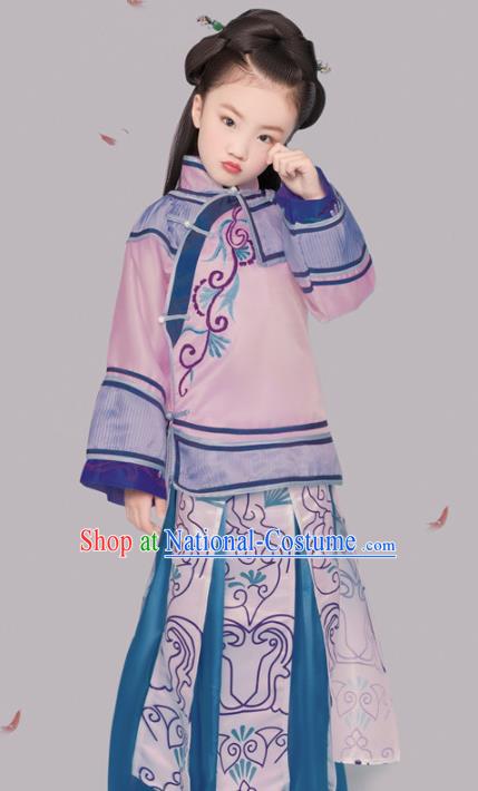 Chinese Ancient Patrician Children Pink Hanfu Dress Traditional Qing Dynasty Princess Replica Costumes for Kids