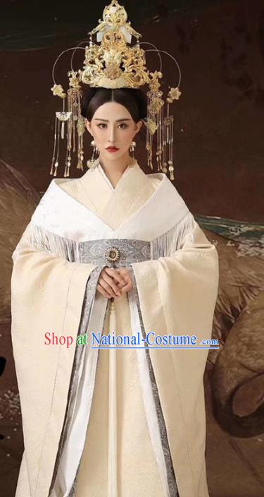 Chinese Ancient Court Queen White Hanfu Dress Traditional Han Dynasty Empress Replica Costumes and Headpiece for Women