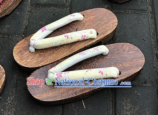 Traditional Japanese Classical Sakura Pattern Light Yellow Flip Flops Slippers Geta Asian Japan Clogs Shoes for Women