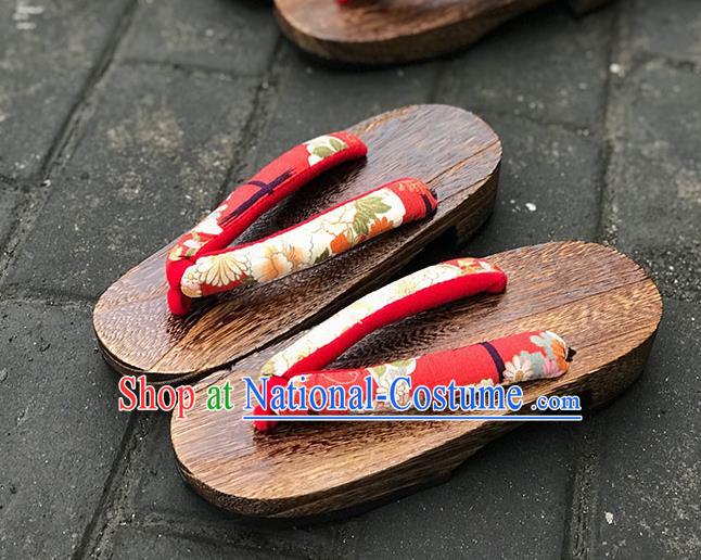 Traditional Japanese Classical Chrysanthemum Pattern Red Flip Flops Slippers Geta Asian Japan Clogs Shoes for Women