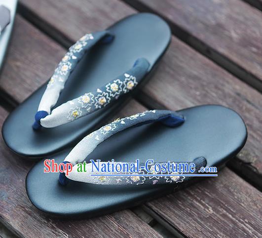 Traditional Japanese Classical Embroidered Navy Flip Flops Slippers Zori Geta Asian Japan Clogs Shoes for Women