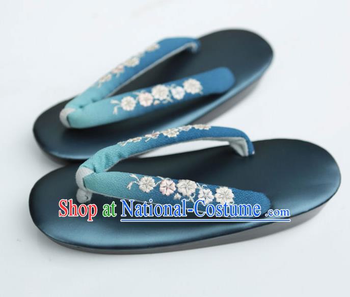 Traditional Japanese Classical Embroidered Blue Flip Flops Slippers Zori Geta Asian Japan Clogs Shoes for Women