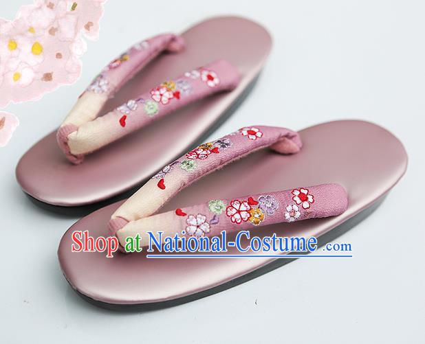 Traditional Japanese Classical Embroidered Lilac Flip Flops Slippers Zori Geta Asian Japan Clogs Shoes for Women