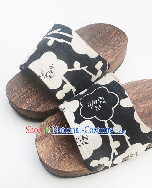 Traditional Japanese Classical Plum Pattern Black Clogs Wood Slippers Asian Japan Geta Shoes for Women