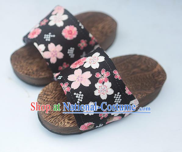 Japanese Traditional Sakura Pattern Black Clogs Wood Slippers Asian Japan Geta Shoes for Women