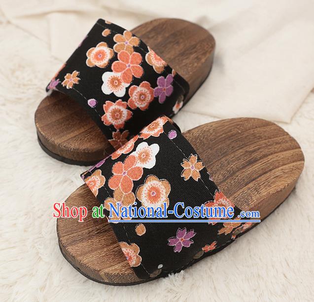 Japanese Traditional Plum Blossom Pattern Black Clogs Wood Slippers Asian Japan Geta Shoes for Women