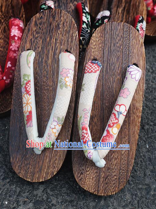 Traditional Japanese Classical Sakura Pattern Beige Flip Flops Slippers Geta Asian Japan Clogs Shoes for Women