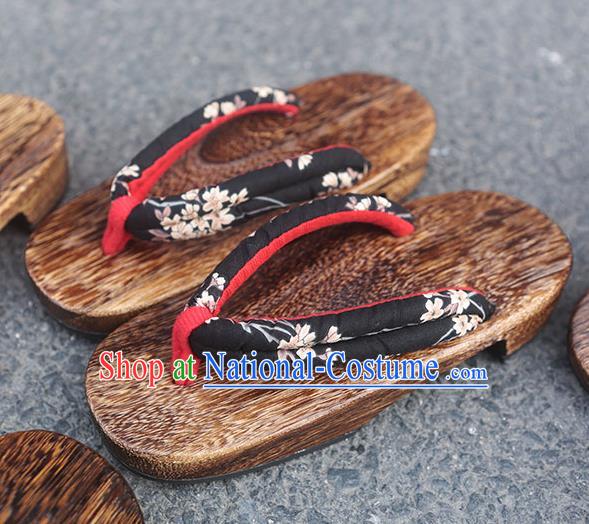 Traditional Japanese Classical Sakura Pattern Black Flip Flops Slippers Geta Asian Japan Clogs Shoes for Women