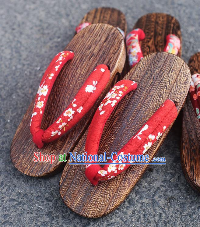 Traditional Japanese Classical Sakura Pattern Red Flip Flops Slippers Geta Asian Japan Clogs Shoes for Women