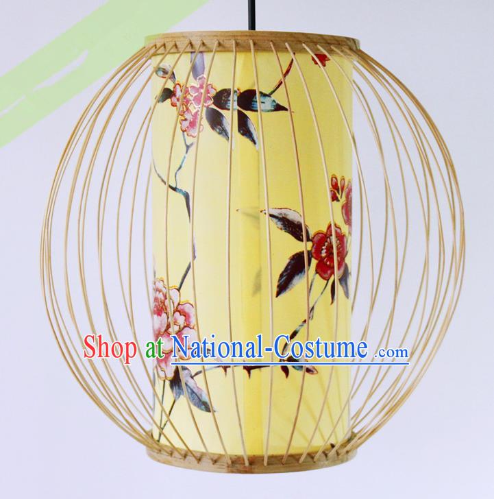 Traditional Chinese Bamboo Art Printing Peony Yellow Hanging Lanterns Handmade Lantern Scaldfish Lamp