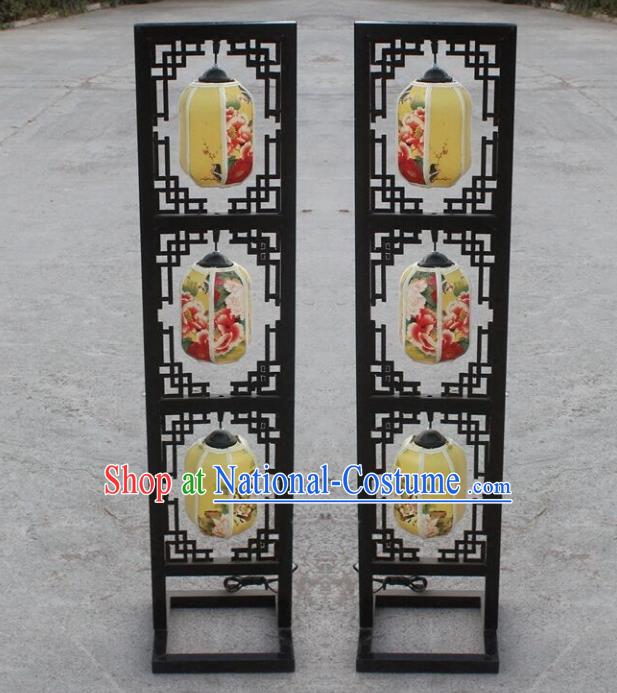 Chinese Traditional Printing Peony Yellow Lamp Wedding Floor Lanterns Handmade Palace Lantern