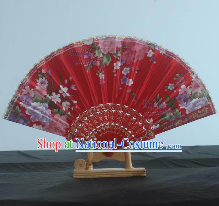 Handmade Chinese Traditional Wedding Red Folding Fan Printing Peony Fans