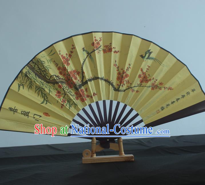 Handmade Chinese Traditional Wedding Yellow Folding Fan Printing Plum Fans