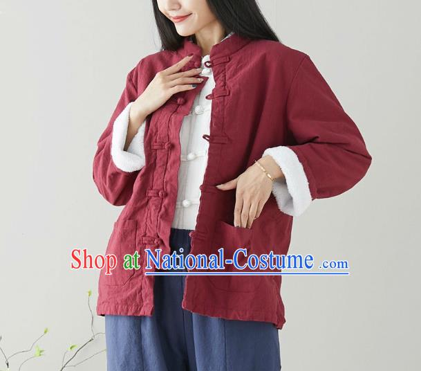 Traditional Chinese Tang Suit Red Cotton Padded Jacket Li Ziqi Costume for Women