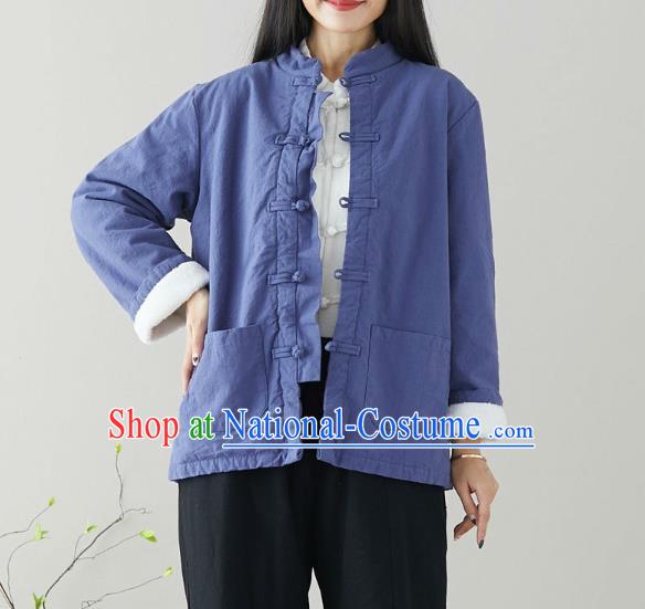 Traditional Chinese Tang Suit Blue Cotton Padded Jacket Li Ziqi Costume for Women