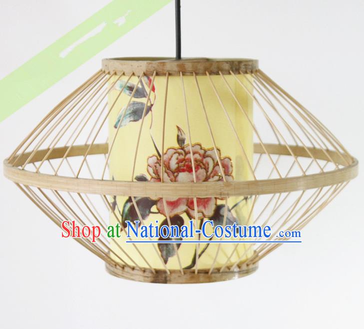 Traditional Chinese Printing Peony Yellow Hanging Lanterns Handmade Lantern Bamboo Art Scaldfish Lamp