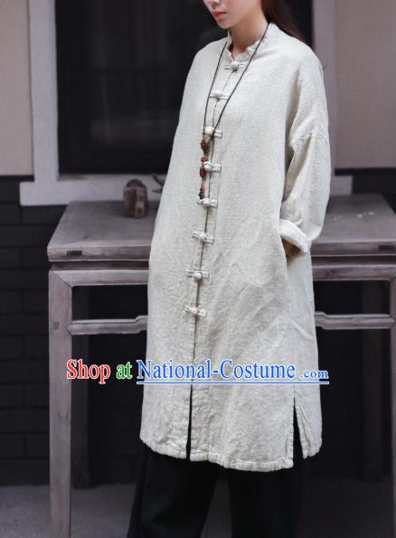 Traditional Chinese Tang Suit White Flax Dust Coat Li Ziqi Overcoat Costume for Women