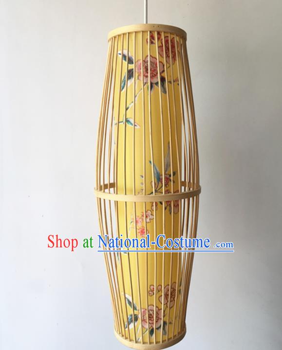 Traditional Chinese Printing Peach Flowers Yellow Hanging Lanterns Handmade Lantern Bamboo Art Scaldfish Lamp