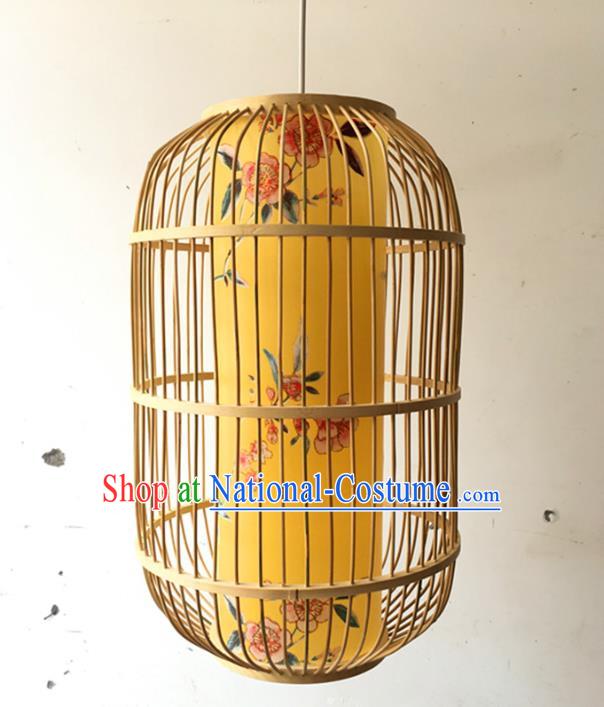 Traditional Chinese Printing Peach Blossom Yellow Hanging Lanterns Handmade Lantern Bamboo Art Scaldfish Lamp