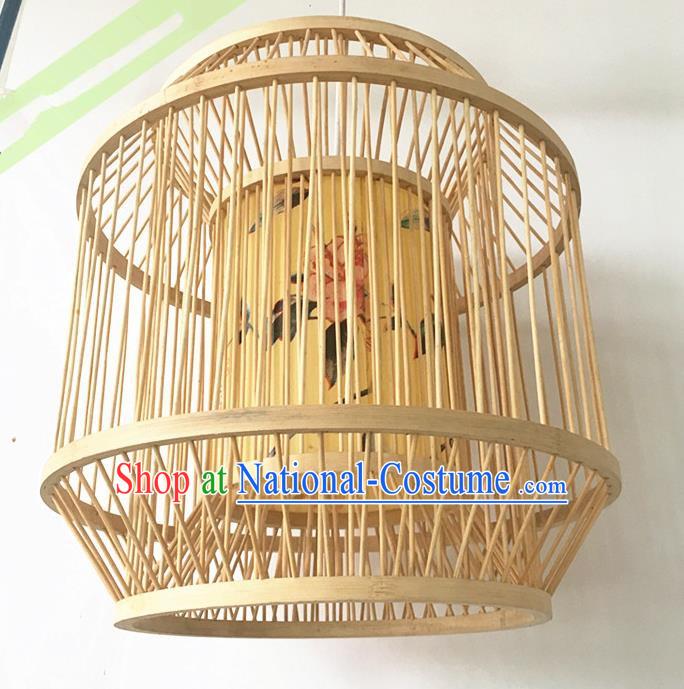 Traditional Chinese Handmade Printing Peony Yellow Hanging Lanterns Palace Lantern Bamboo Art Scaldfish Lamp