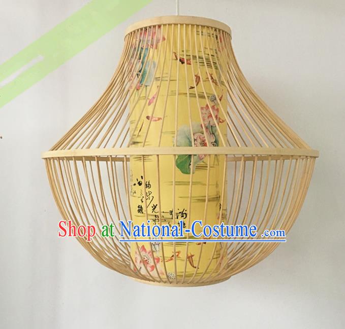 Traditional Chinese Handmade Printing Lotus Yellow Hanging Lanterns Palace Lantern Bamboo Art Scaldfish Lamp