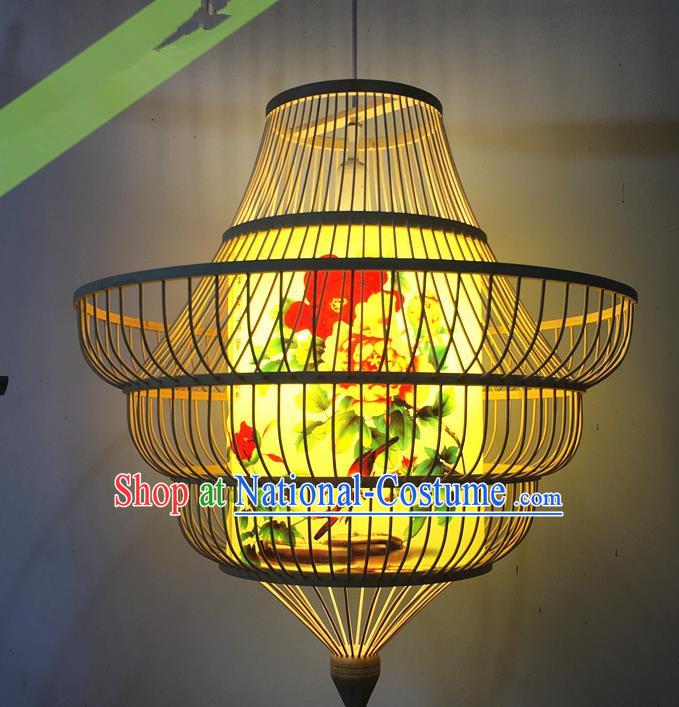 Traditional Chinese Hand Painting Peony Hanging Lanterns Palace Lantern Bamboo Art Scaldfish Lamp