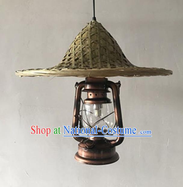 Handmade Chinese Straw Hat Hanging Lanterns Traditional Bamboo Art Kerosene Lamp