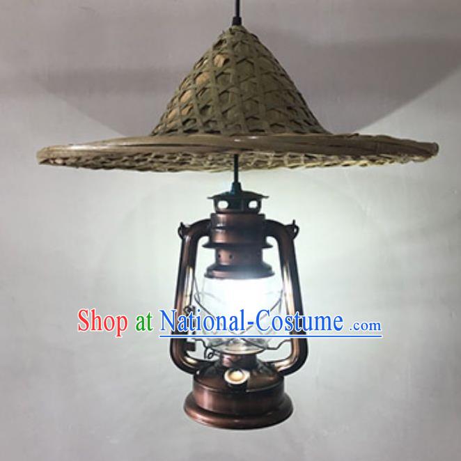 Handmade Chinese Straw Hat Hanging Lanterns Traditional Bamboo Art Kerosene Lamp