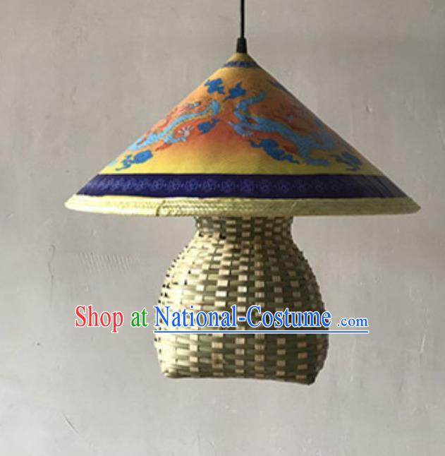 Handmade Chinese Printing Dragon Straw Hat Creel Hanging Lanterns Traditional Bamboo Art Lamp