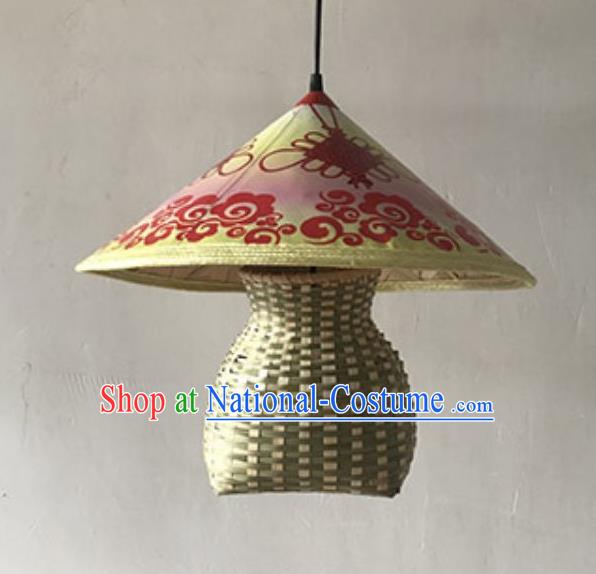 Handmade Chinese Printing Lucky Knot Straw Hat Creel Hanging Lanterns Traditional Bamboo Art Lamp