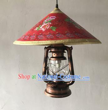 Handmade Chinese Printing Peony Red Straw Hat Lampshade Traditional Bamboo Art Lanterns Chimney