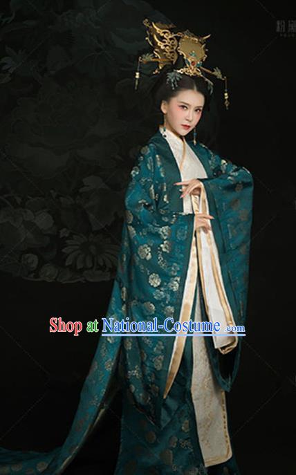 Chinese Ancient Imperial Concubine Embroidered Dress Traditional Han Dynasty Court Queen Costumes and Headpiece for Women