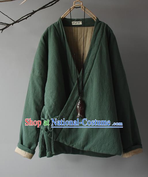 Traditional Chinese Tang Suit Green Cotton Padded Jacket Blogger Li Ziqi Flax Overcoat Costume for Women