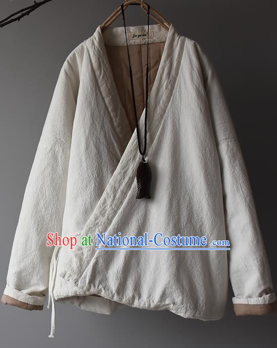 Traditional Chinese Tang Suit White Cotton Padded Jacket Blogger Li Ziqi Flax Overcoat Costume for Women