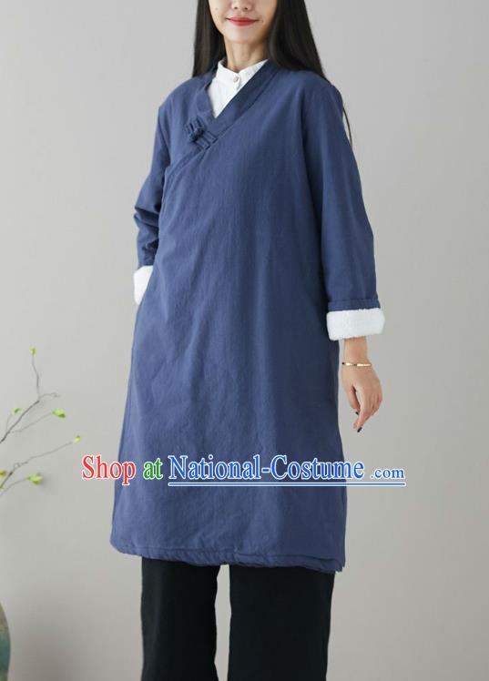 Traditional Chinese Tang Suit Navy Qipao Dress Blogger Li Ziqi Flax Overcoat Costume for Women