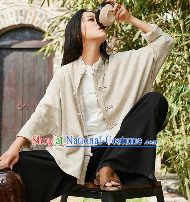 Traditional Chinese Tang Suit Overcoat Li Ziqi Beige Flax Jacket Costume for Women