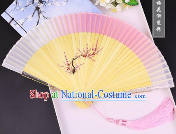 Chinese Traditional Painting Plum Pink Folding Fans Hand Bamboo Accordion Fan