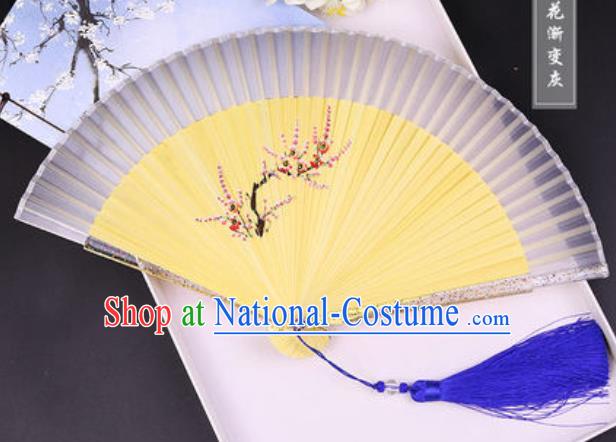 Chinese Traditional Painting Plum Grey Folding Fans Hand Bamboo Accordion Fan