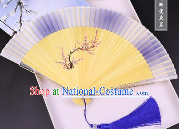 Chinese Traditional Painting Plum Blue Folding Fans Hand Bamboo Accordion Fan