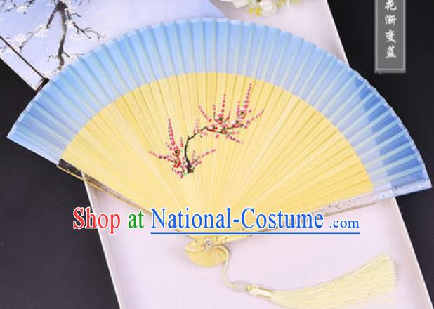 Chinese Traditional Painting Plum Light Blue Folding Fans Hand Bamboo Accordion Fan