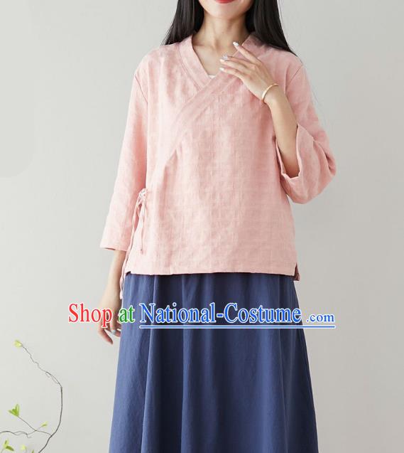 Traditional Chinese Pink Flax Shirt Li Ziqi Tang Suit Blouse Upper Outer Garment Costume for Women