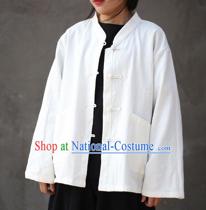 Traditional Chinese Tang Suit White Flax Jacket Li Ziqi Shirt Overcoat Costume for Women