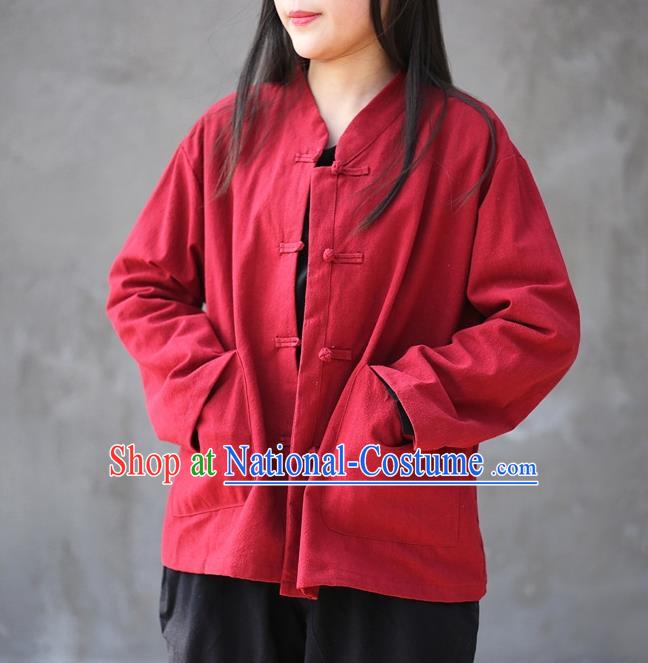 Traditional Chinese Tang Suit Red Flax Jacket Blogger Li Ziqi Shirt Overcoat Costume for Women