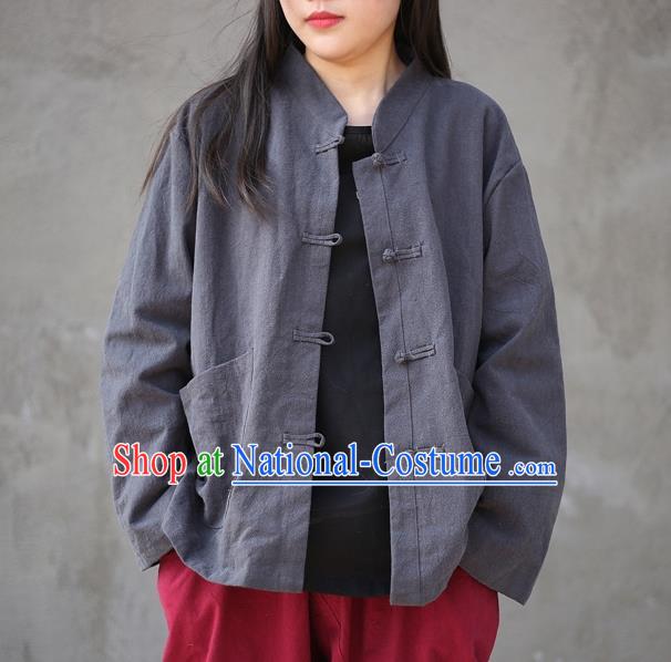 Traditional Chinese Tang Suit Grey Flax Jacket Blogger Li Ziqi Shirt Overcoat Costume for Women